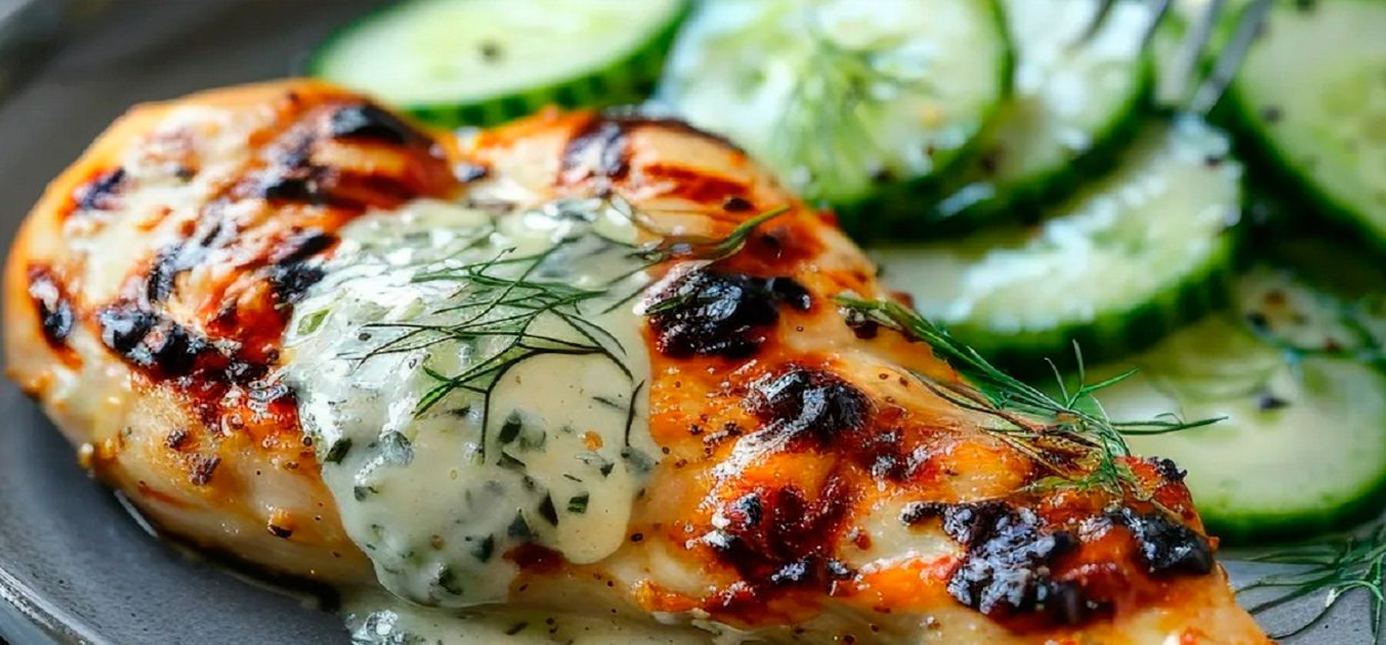 Prepara una pechuga de pollo en salsa de pepino y yogur